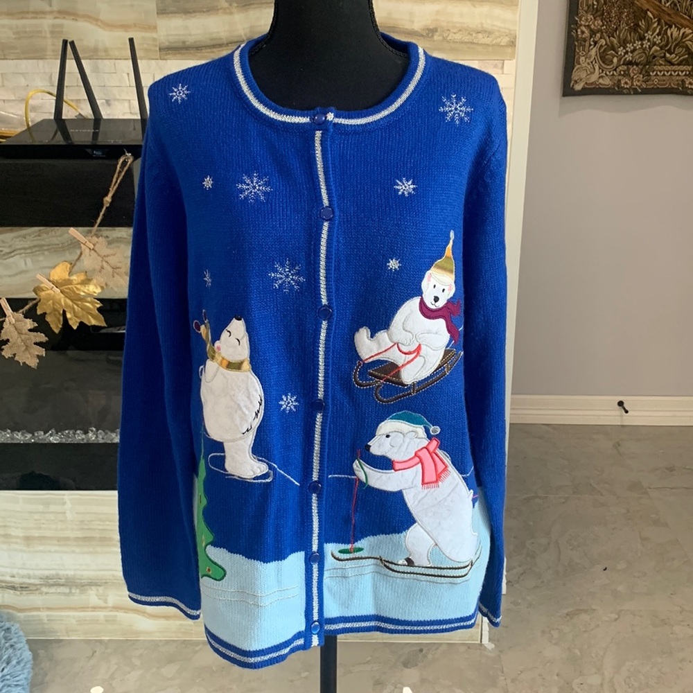 Polar Bear Royal Blue Christmas Cardigan Sweater. Size (14-16) (804)